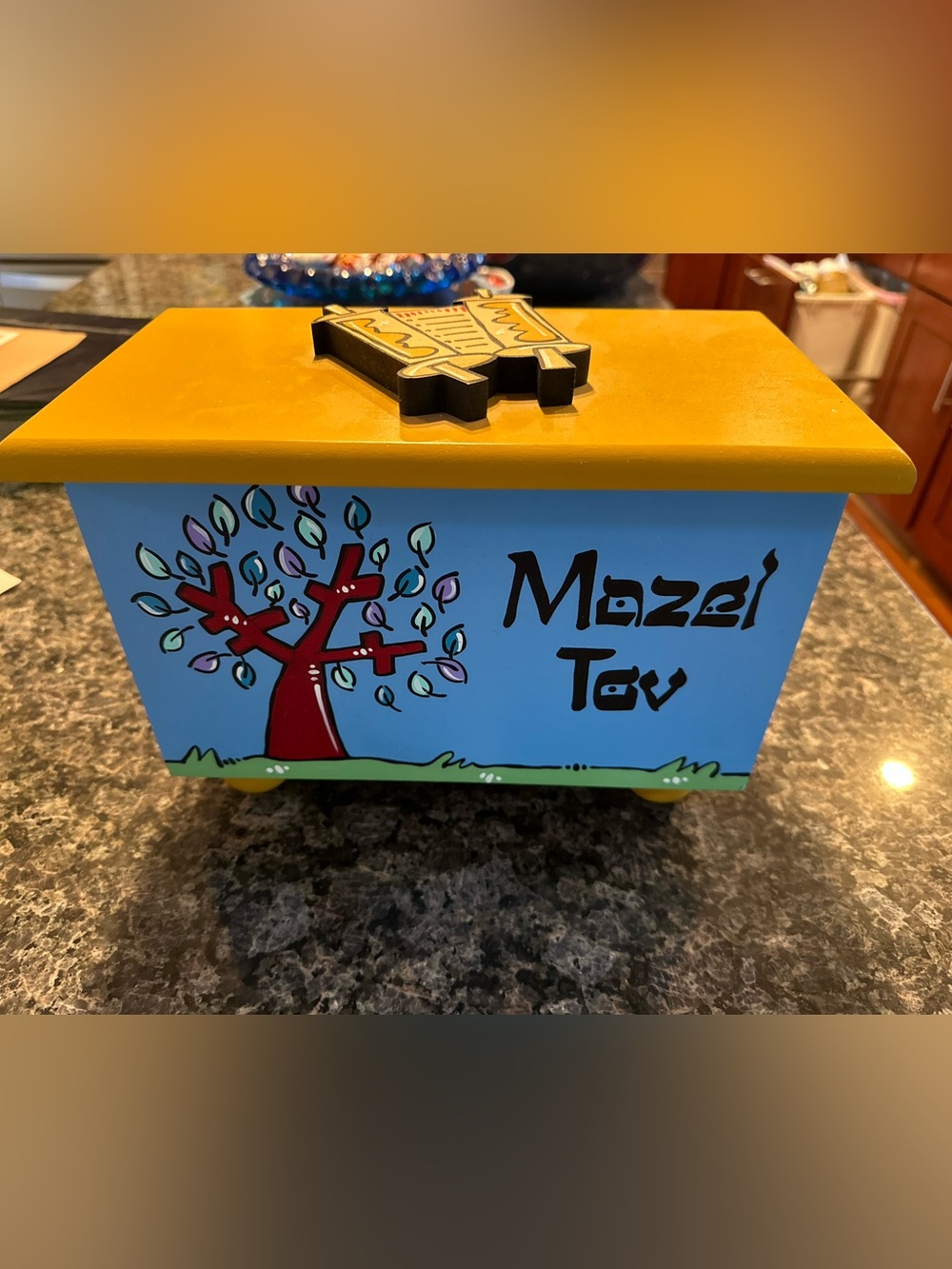 Mazel Tov Wooden Box - Yellow and Blue.  Can be used for cards at any event.